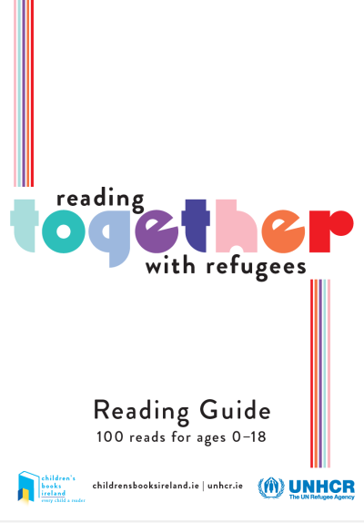 Colourful text reads "Reading together with refugees' in a blocky font. There are coloured stripes running the lenght of the cover on either side.