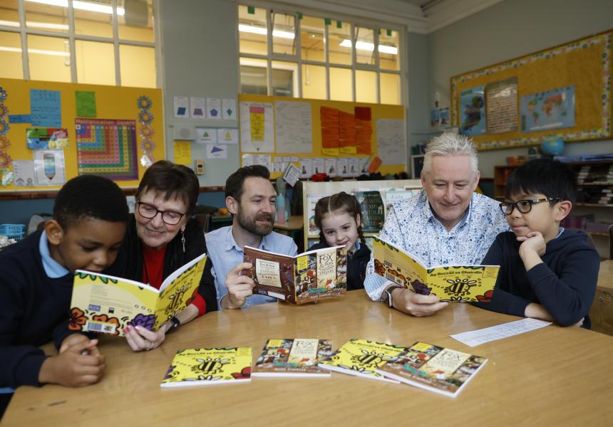 WBD artists with students of Scoil Mhuire Gan Smal for the launch of WBD Ireland 2025