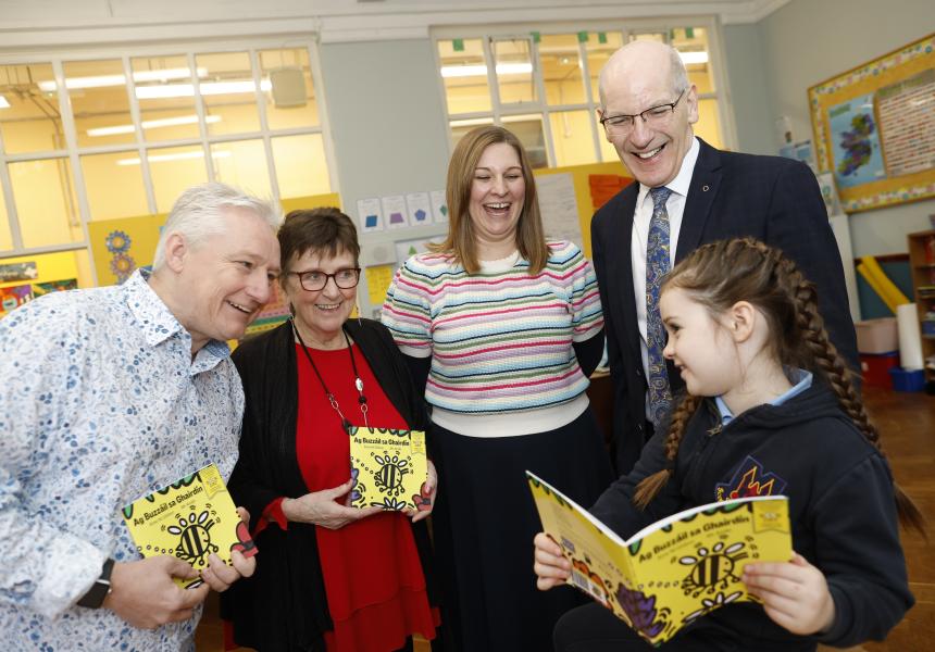 WBD 2025 artists with CEO of Children's Books Ireland and CEO of Foras na Gaeilge
