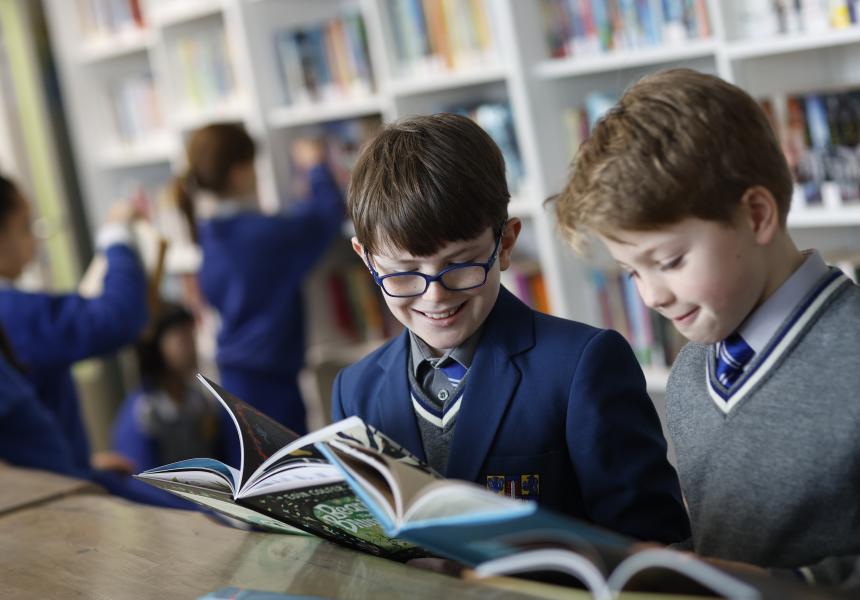 Two male students reading in a library