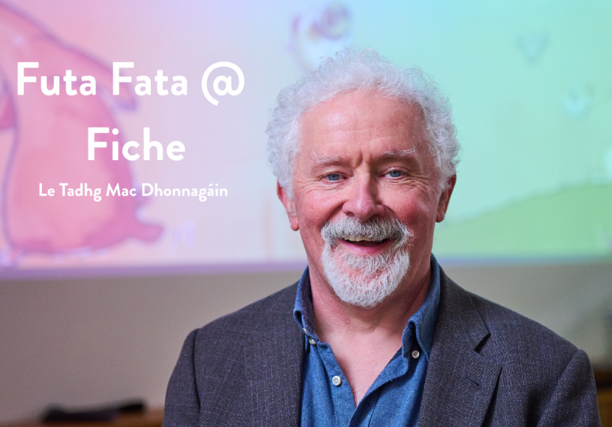 Tadhg Mac Dhonnagáin against pink and green backdrop